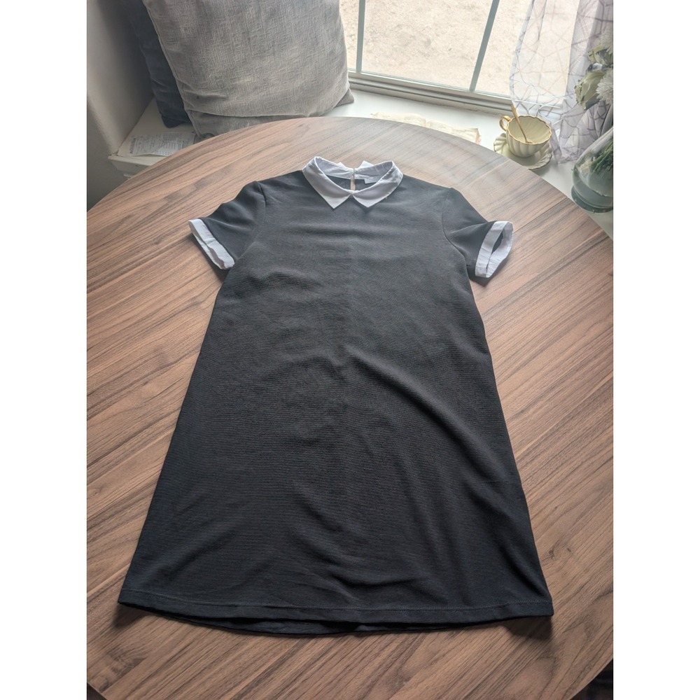 Zara Women's Size S Black Shift Dress White Contrast Collar Short Sleeve Preppy